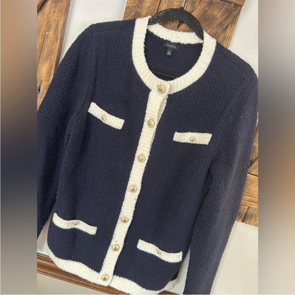 TALBOTS Boucle dipped sweater cardigan  button down navy blue, white - Picture 5 of 11